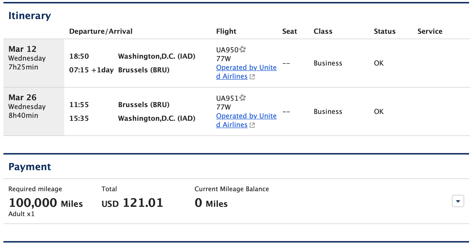 United award from IAD to BRU via ANA