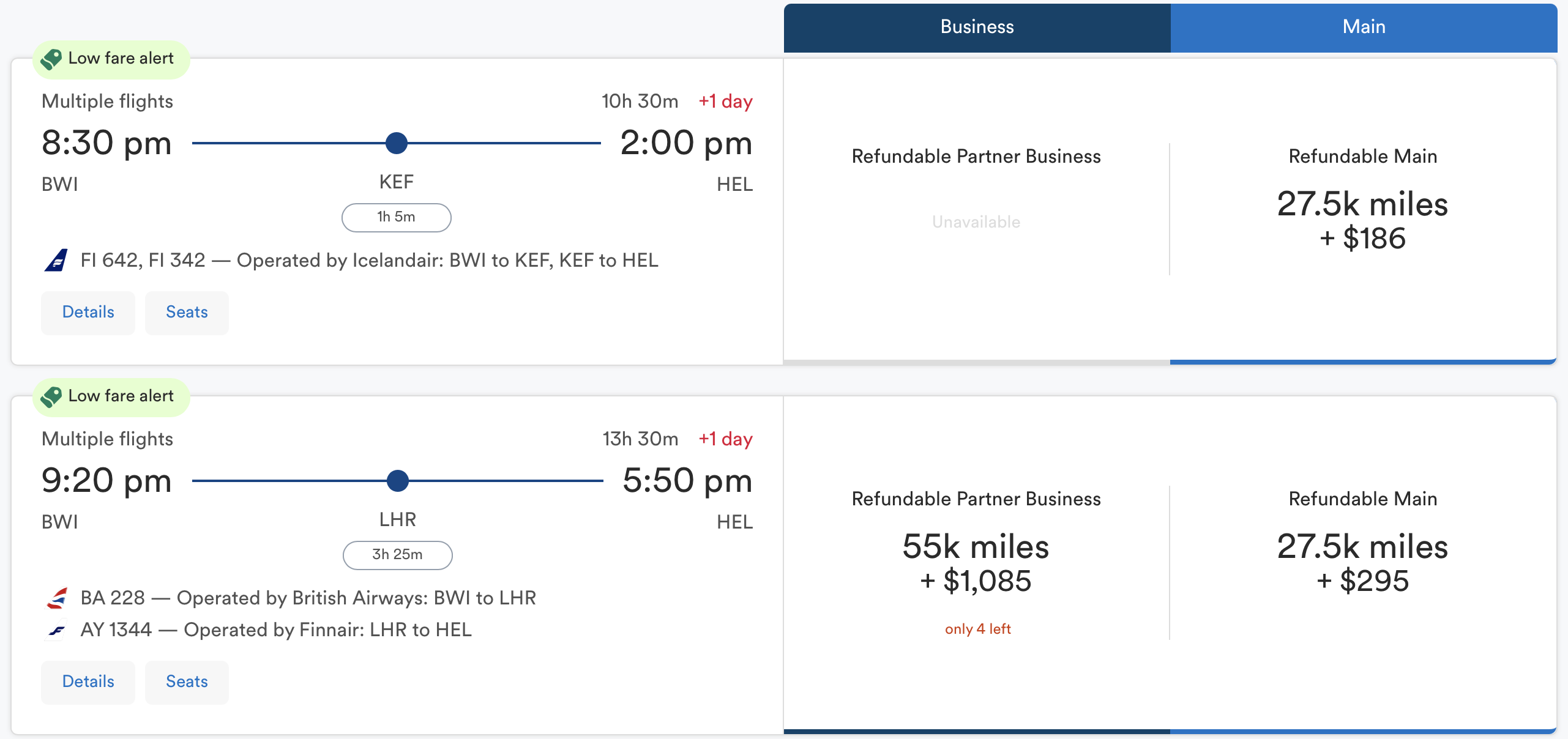 Mileage Plan partner awards from BWI to HEL via LHR