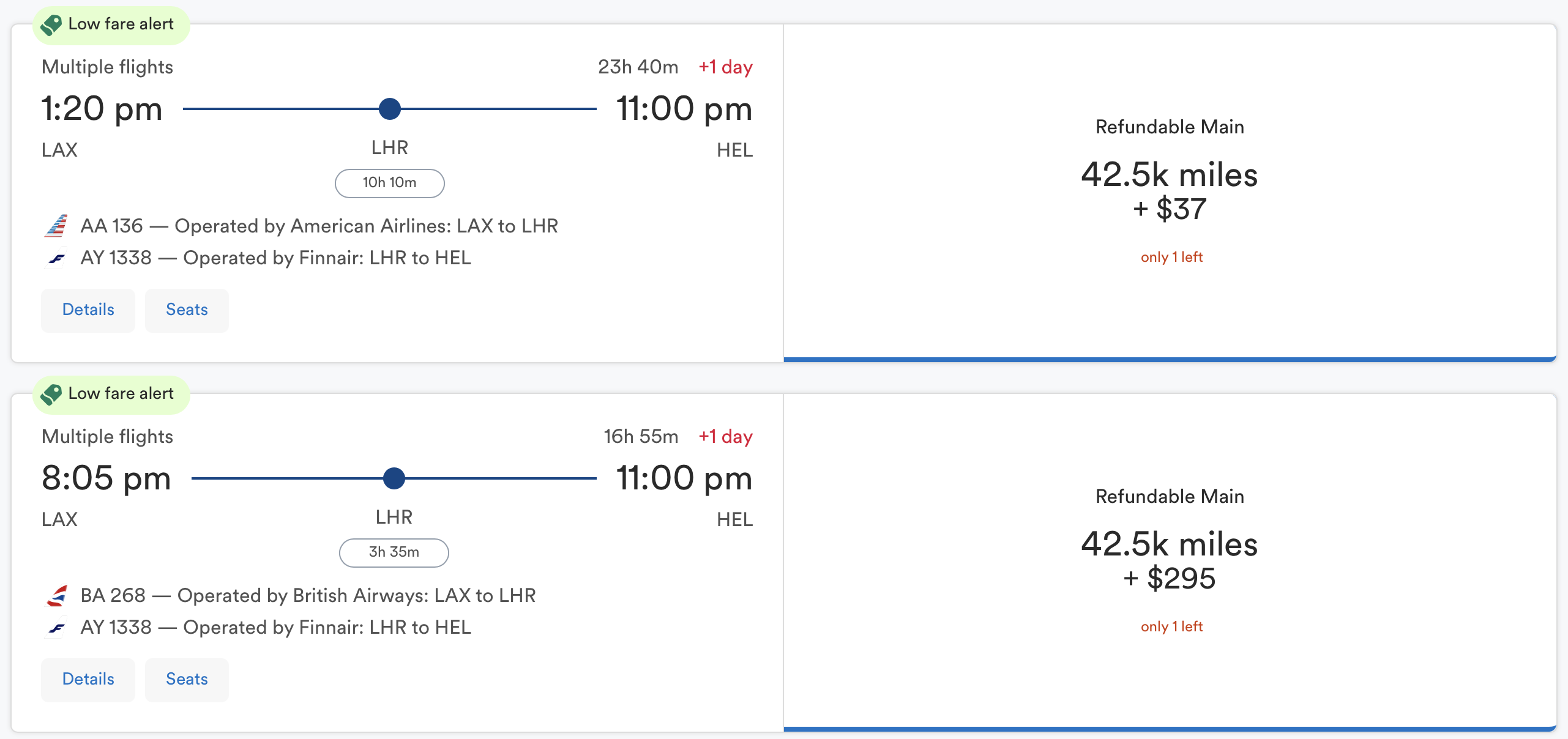 Mileage Plan partner awards from LAX to HEL via LHR