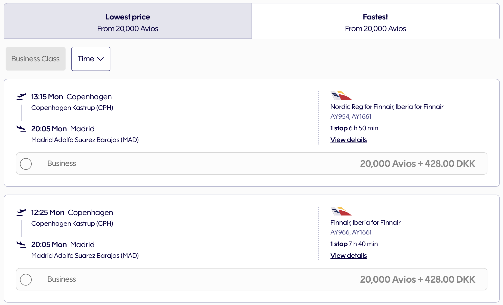 Finnair award from CPH to MAD via HEL