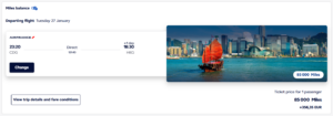 Screenshot of Flying Blue award search checkout page showing business class award from Paris to Hong Kong for 85,000 Flying Blue miles one-way