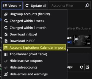 Screenshot of AwardWallet account expirations calendar import