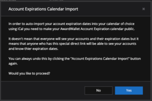 Screenshot of AwardWallet account expirations calendar import instructions