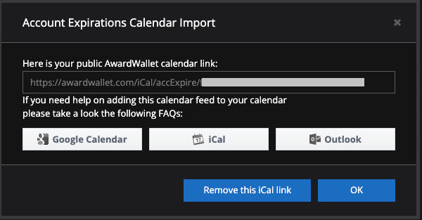 AwardWallet calendar export link