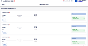 Screenshot of Flying Blue award from Boston to Casablanca for 60k miles in business class
