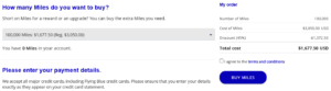 Purchase Flying Blue miles checkout page with 100k miles at a 45% discount for $1,667