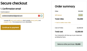 Screenshot of pricing if you buy the maximum of 100,000 Etihad miles for $2000 with a 25% bonus.