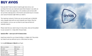 Banner image showing the buy Avios with up to a 30% bonus via the Finnair Plus program.