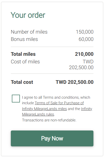 Buy 210,000 EVA Infinity MileageLands miles for 202,500 Taiwan Dollars with 40% bonus.