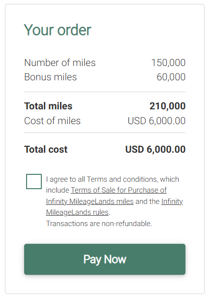 Buy 210,000 EVA Infinity MileageLands miles for $6,000 USD with 40% bonus.