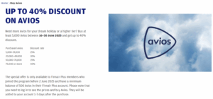 Banner image showing the buy Avios with up to a 40% discount via the Finnair Plus program.