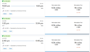 Screenshot of Alaska Mileage Plan awards on American Airlines from Miami to Charlotte