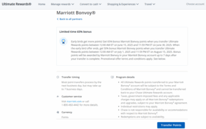 Screenshot showing 65% transfer bonus from Chase Ultimate Rewards to Marriott Bonvoy