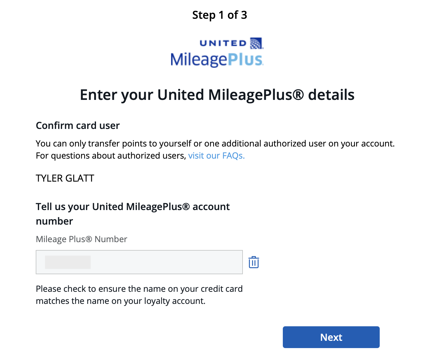 The third step is entering your MileagePlus number to link your United account with Chase.