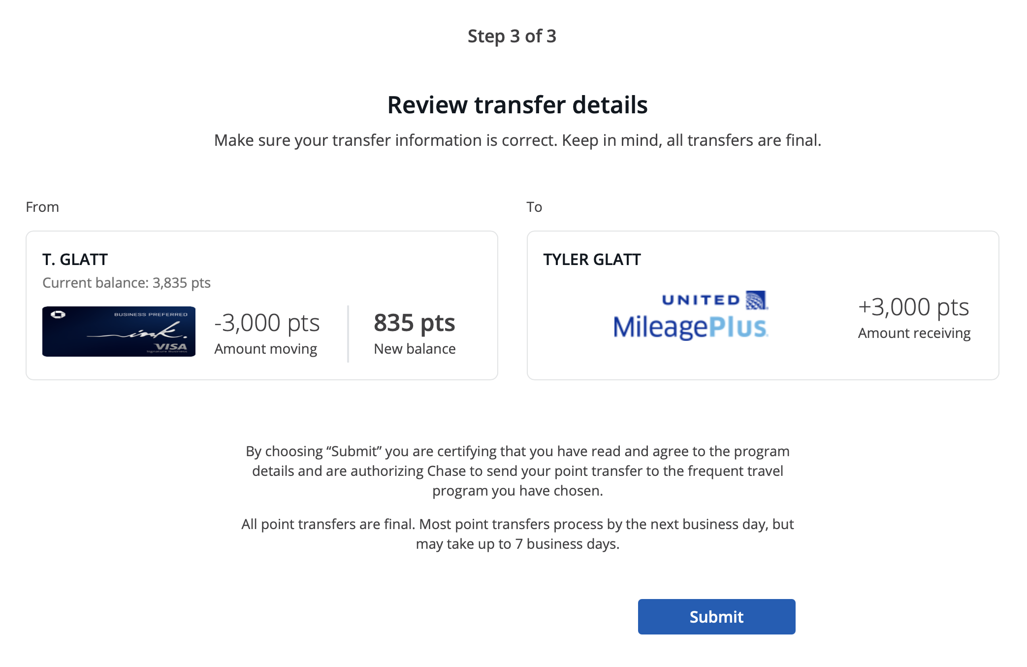 The last step of the transfer process is clicking "Submit."