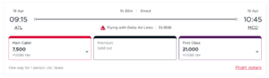 Screenshot of Delta award from Atlanta to Orlando via Flying Blue