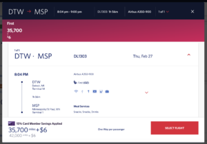 Delta Award Itinerary From DTW to MSP