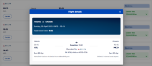 Screenshot of Delta One award from Atlanta to Orlando for 15,000 Flying Blue miles