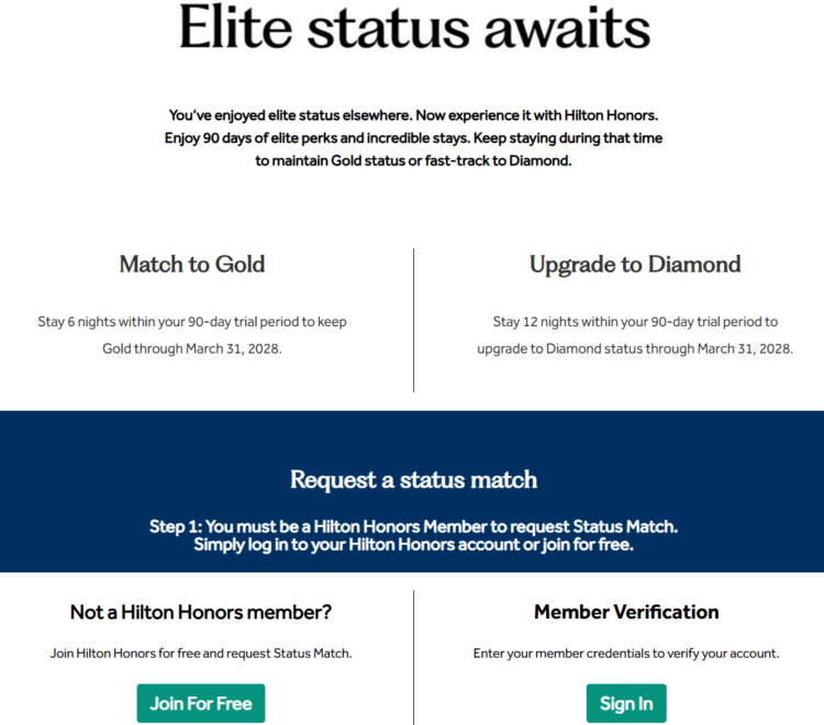 Screenshot of Hilton Honors status match offer page showing matches through 2028.