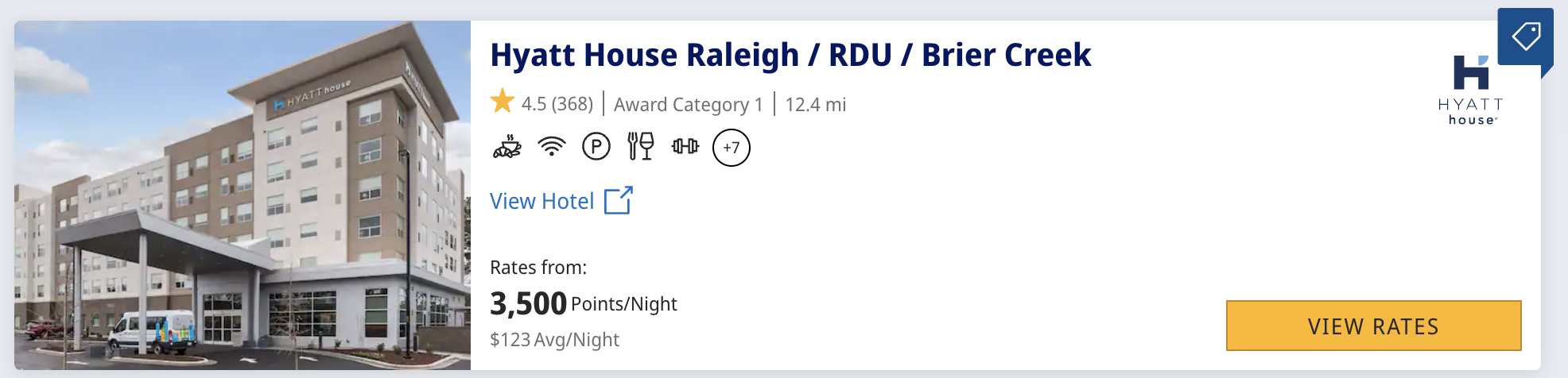 Nightly rate at the Hyatt House Raleigh / RDU / Brier Creek