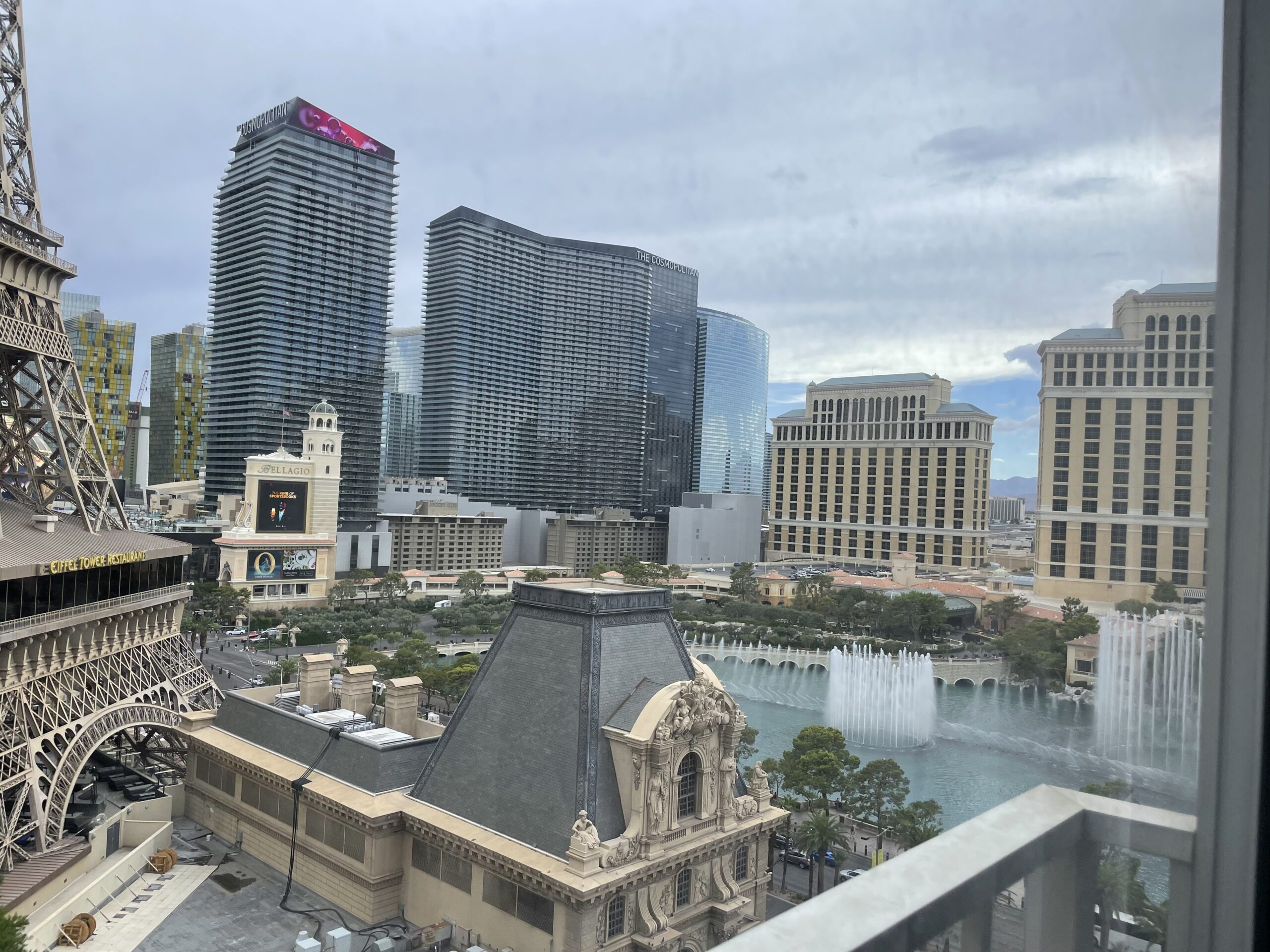 Paris Las Vegas view with Bellagio Fountains