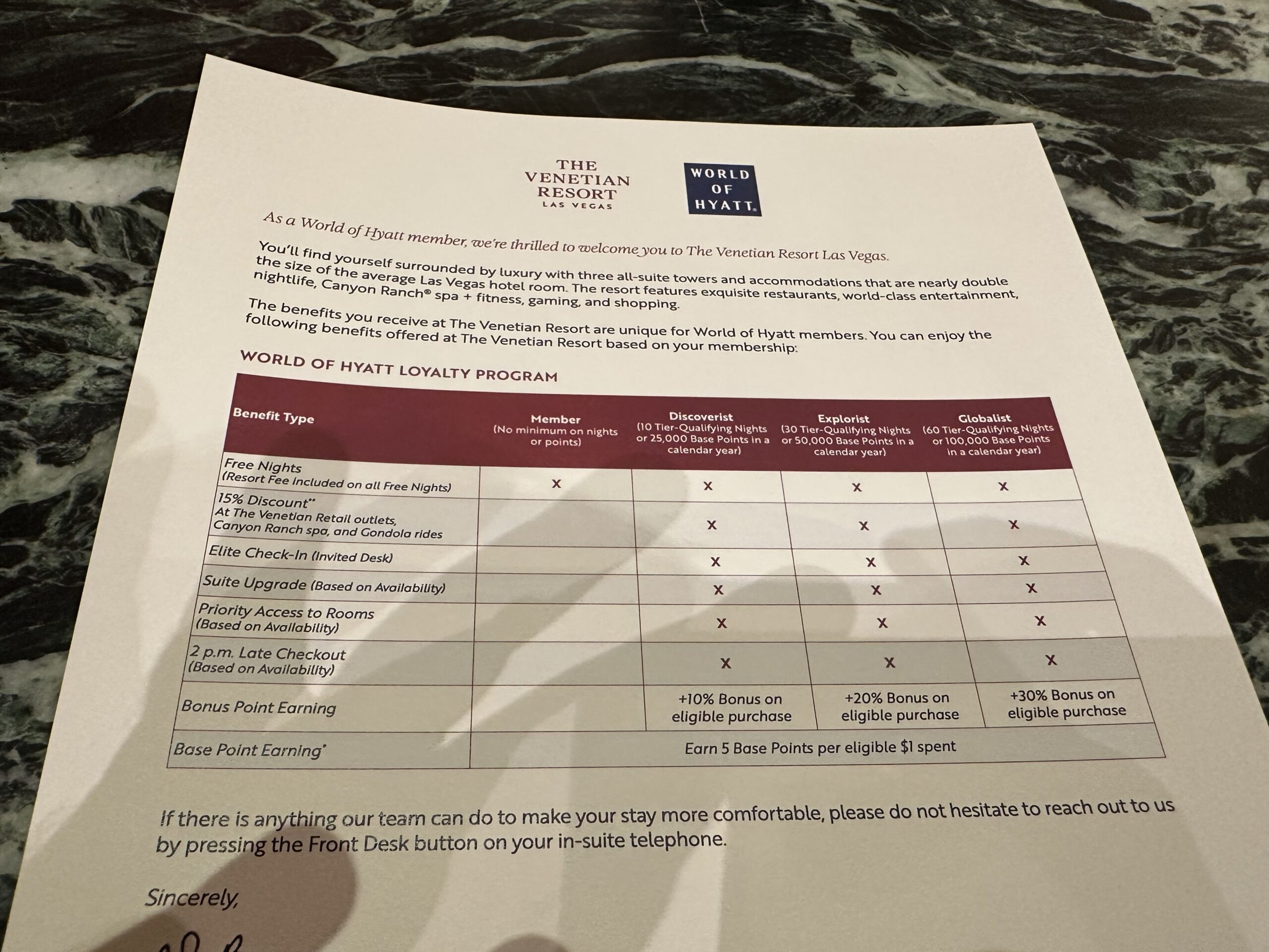 Hyatt benefits guide at the Venetian Las Vegas
