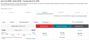 Screenshot of Aeroplan award from New York to Dublin for 58,700 points in business class