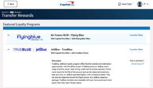 Screenshot of JetBlue TrueBlue showing as a featured Capital One transfer partner