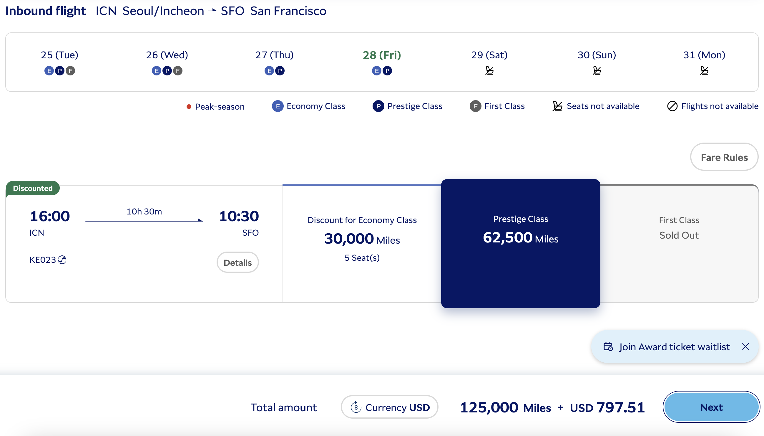 Korean Air award availability