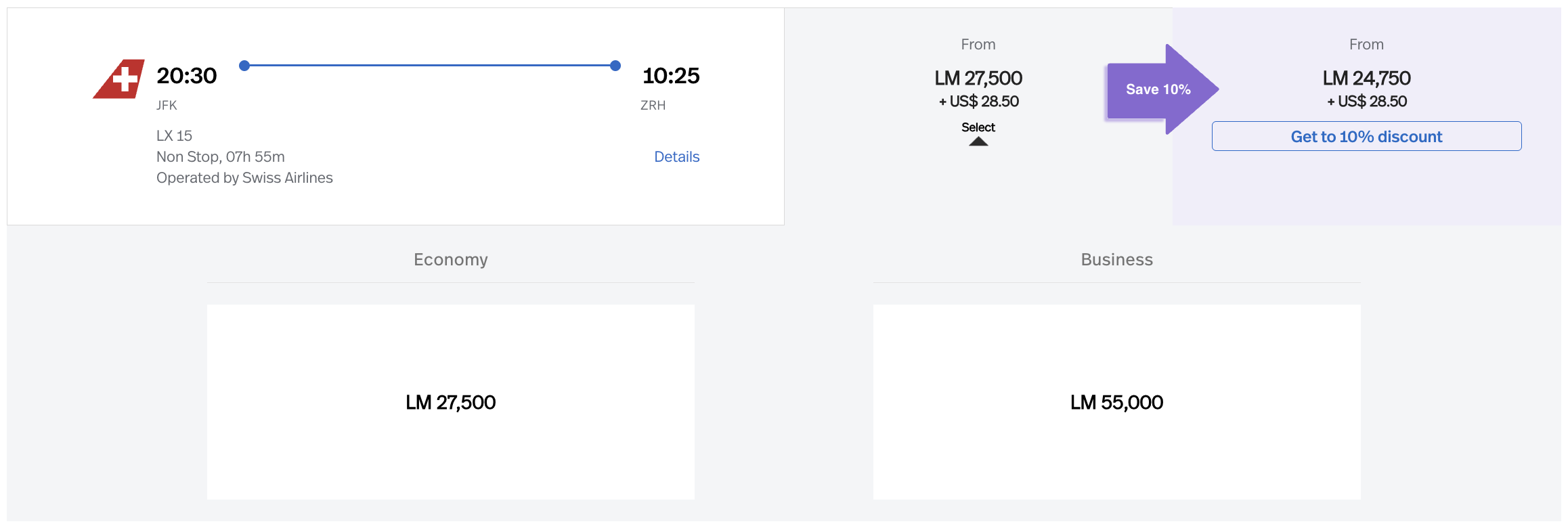 JFK to ZRH for 55k LifeMiles.