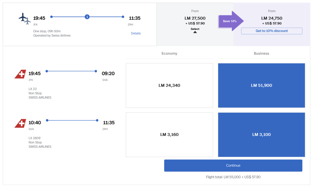 SWISS award from JFK to ZRH bookable with LifeMiles.