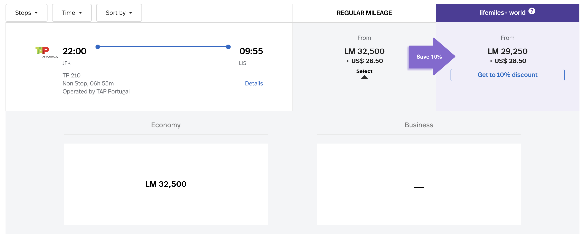 TAP award from JFK to LIS bookable with LifeMiles.