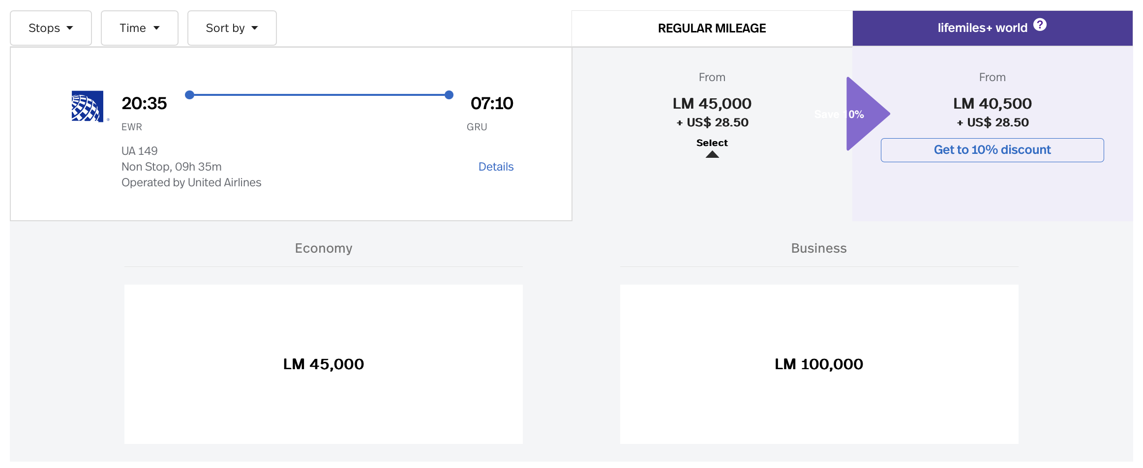 United award from EWR to GRU bookable with LifeMiles.