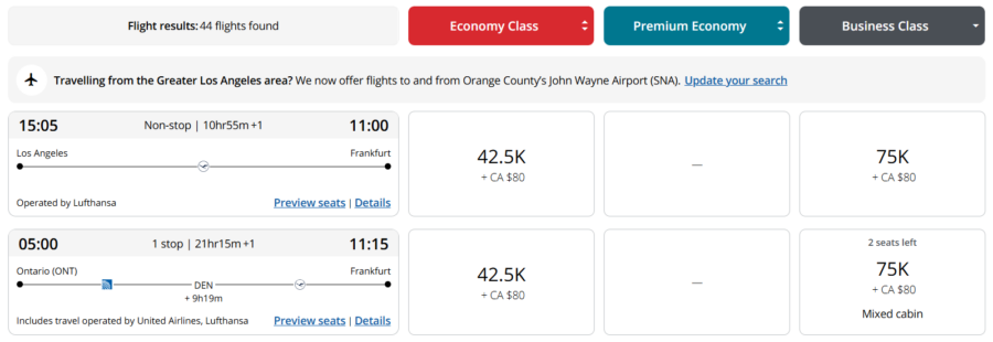 Aeroplan award search results for Los Angeles to Frankfurt on Lufthansa for 75,000 points in business class