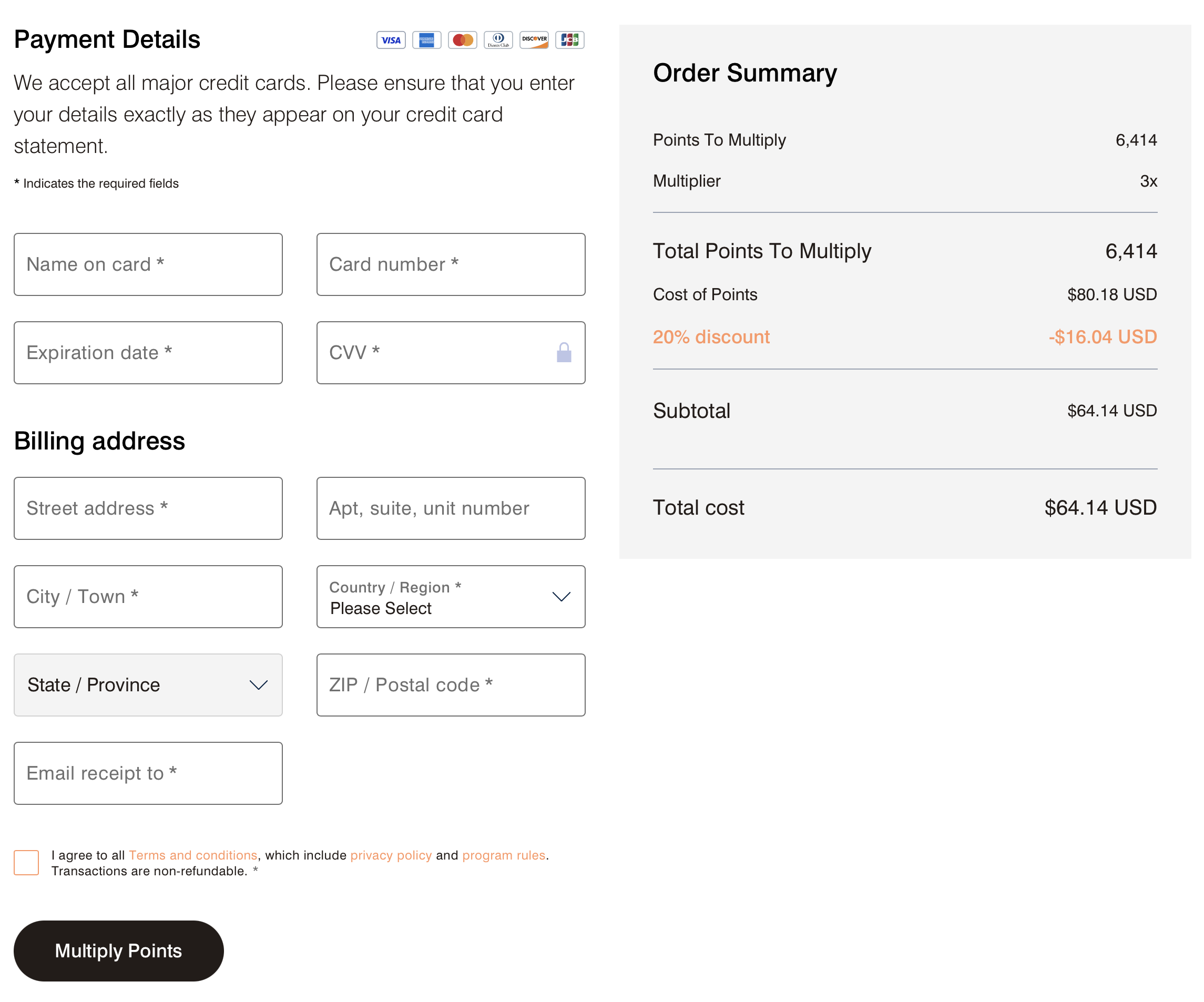 Multiply Marriott points -- checkout screen