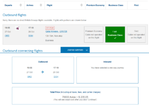 British Airways award on Qatar Qsuite from Chicago to Doha for 70,000 Avios