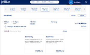 JetBlue award on Qatar Qsuite from Chicago to Doha for 90,000 TrueBlue points