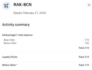 AAdvantage mile earnings vs Million Miler earnings for a flight from Marrakesh to Barcelona