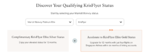 If you have Marriott Platinum Elite status, you can enjoy KrisFlyer silver status for 12 months. Upgrade to KrisFlyer Gold status for 12 months with just four flights on Singapore Airlines within six months of linking accounts.