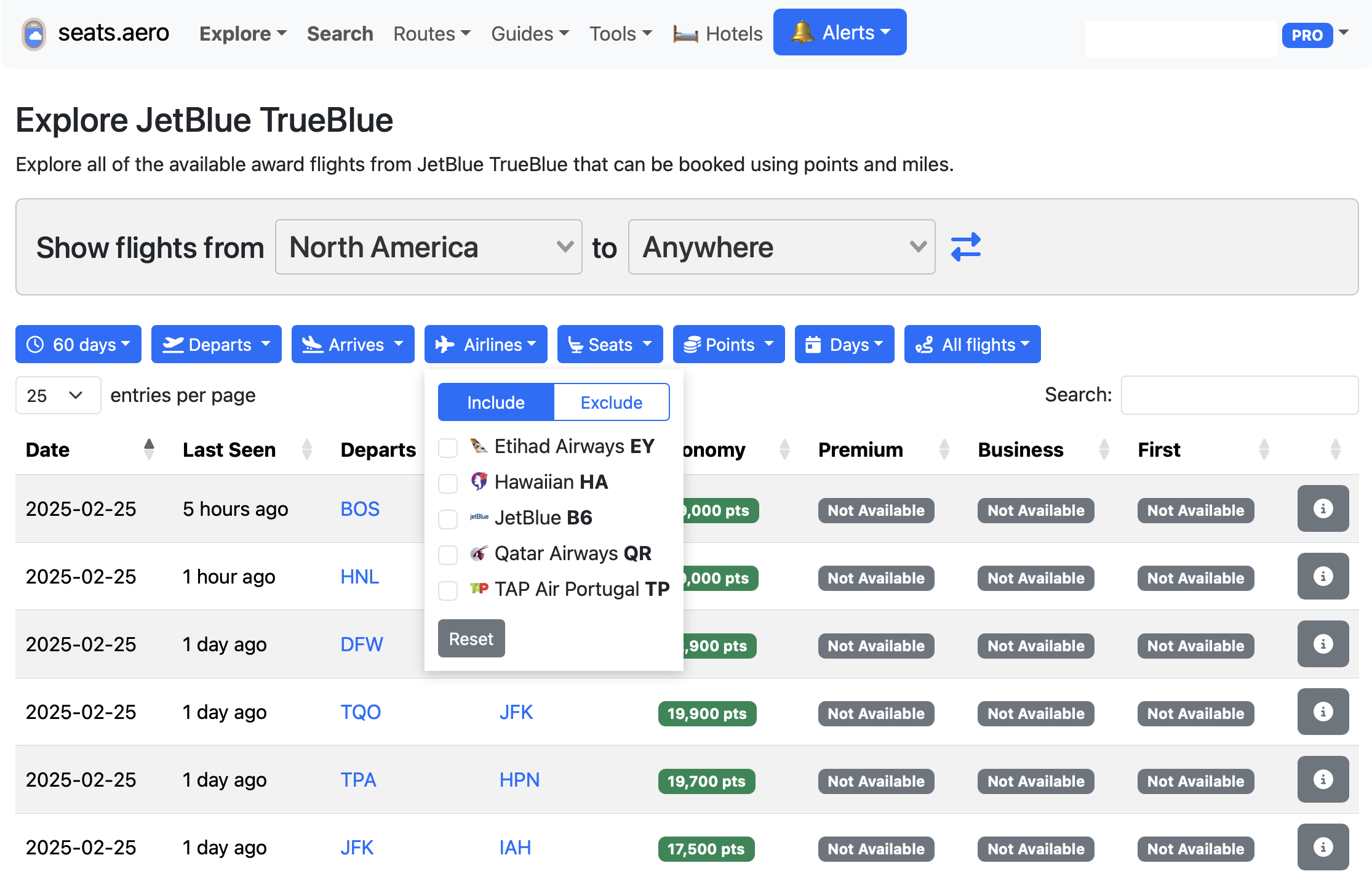 Seats.aero results for JetBlue