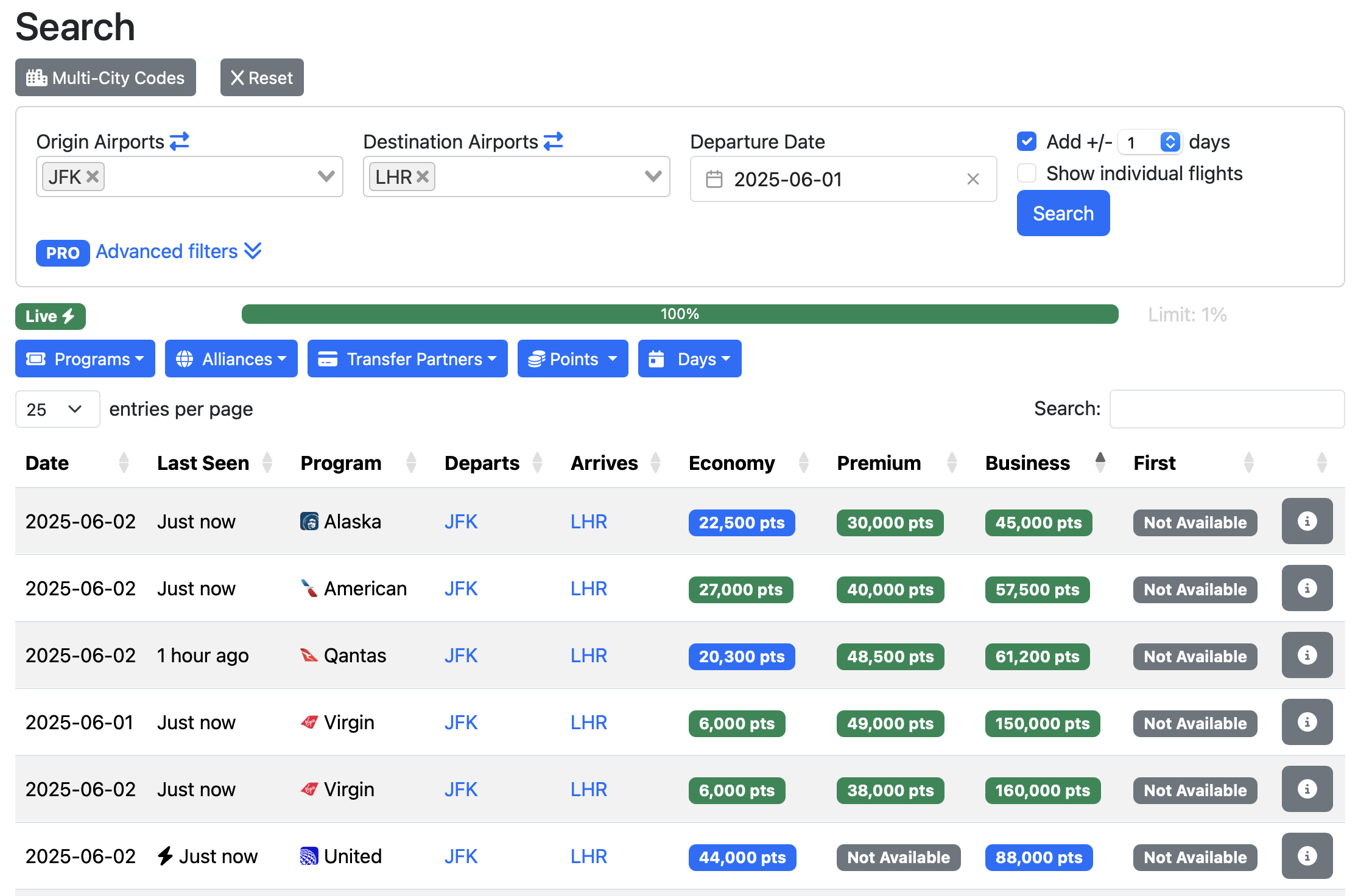 Seats.aero live search results