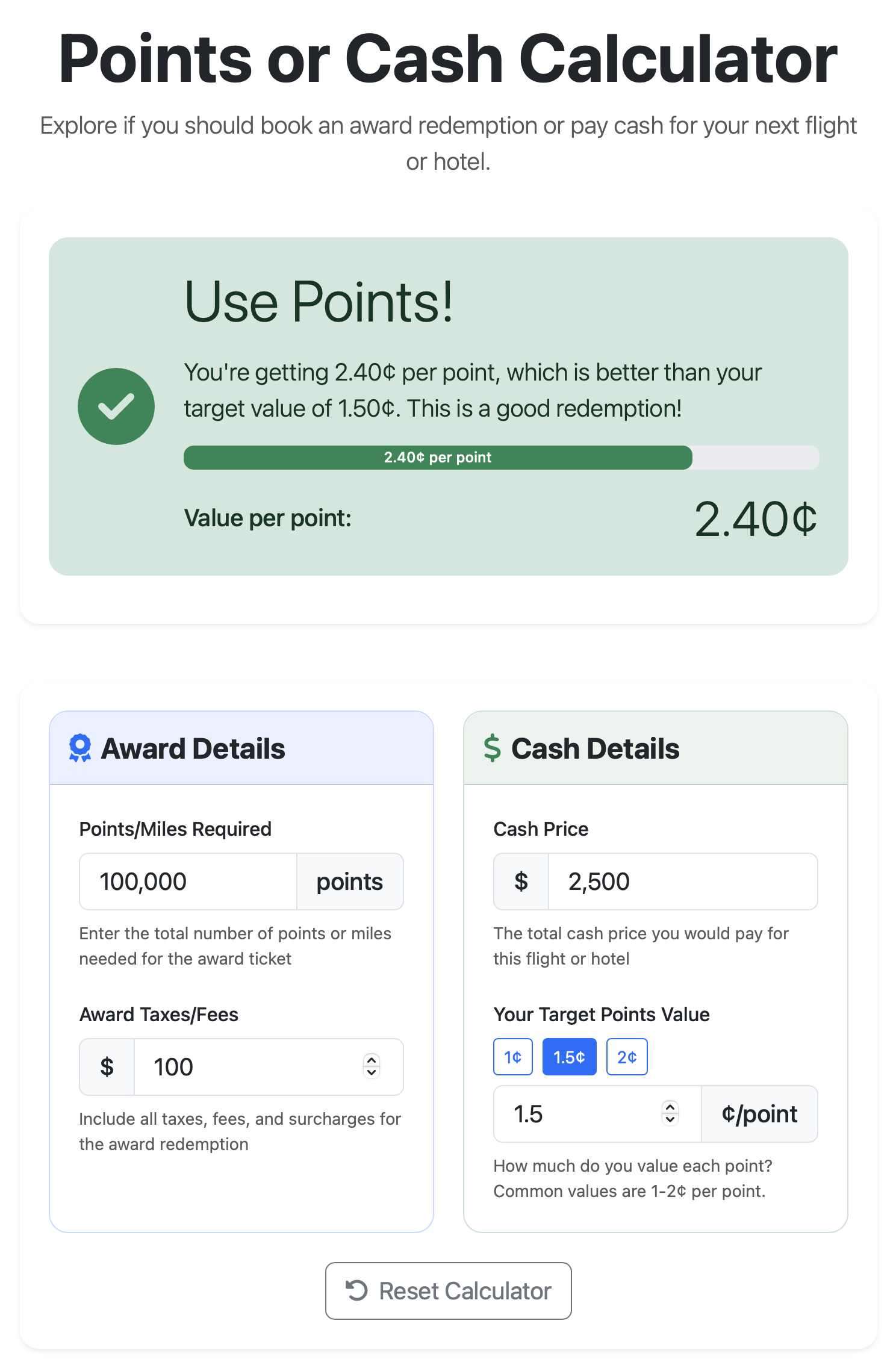 Seats.aero Points or Cash calculator