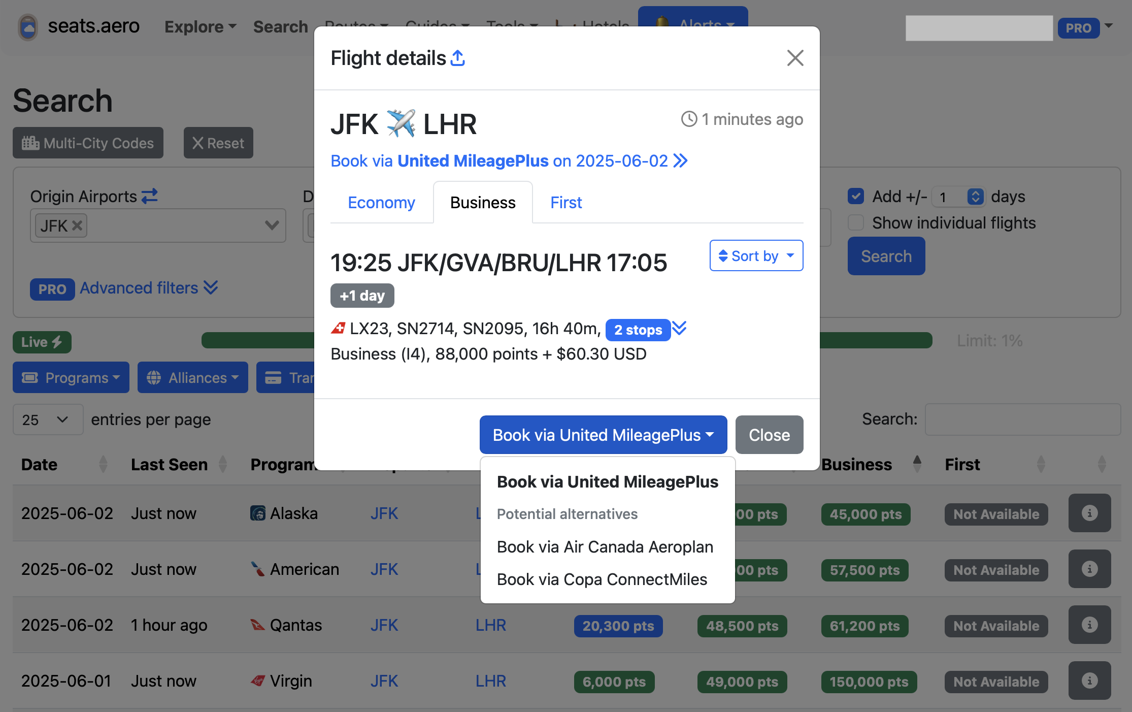 Seats.aero direct booking tool