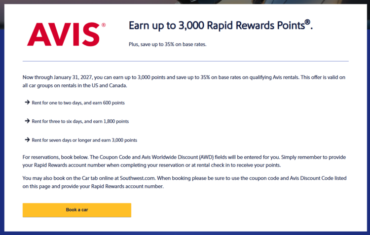 Southwest promotion terms for Avis car rentals