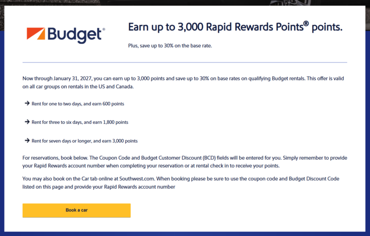 Southwest promotion terms for Budget car rentals