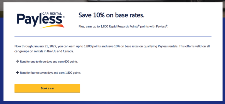 Southwest promotion terms for Payless car rentals