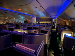 United 777 business class cabin.