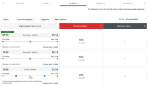 Screenshot showing Aeroplan award pricing from Charlotte to Newark