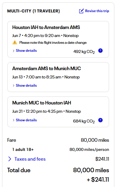 Screenshot of United Excursionist Perk example including Amsterdam and Munich