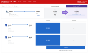 Screenshot showing LifeMiles award pricing from Kansas City to Orlando